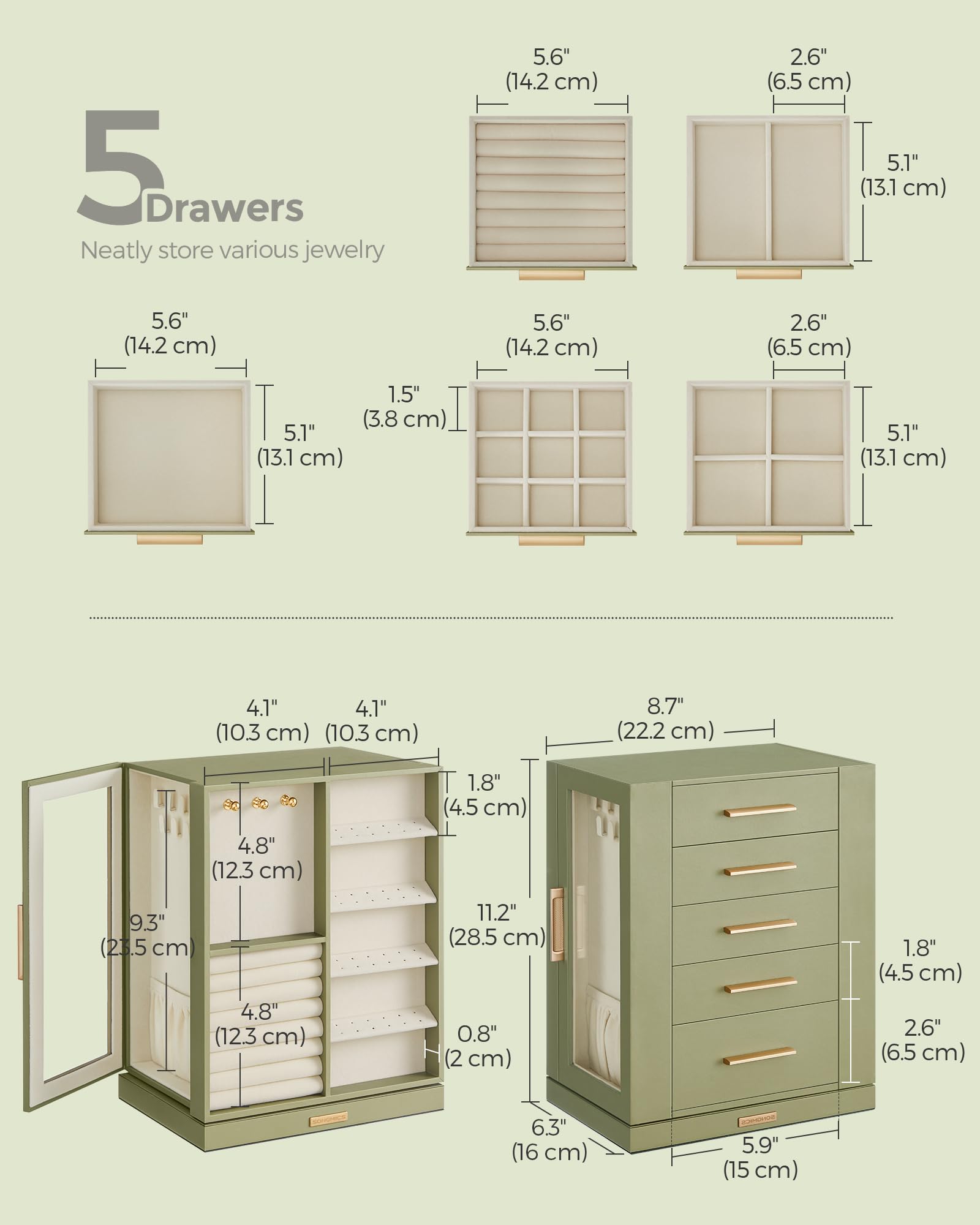 SONGMICS GISELLA Collection - Jewelry Box Organizer 360° Rotating, Vertical Jewelry Storage Case with 5 Drawers, Glass Window, Spacious, Open Design, Great Gift, Cloud White UJBC170W01