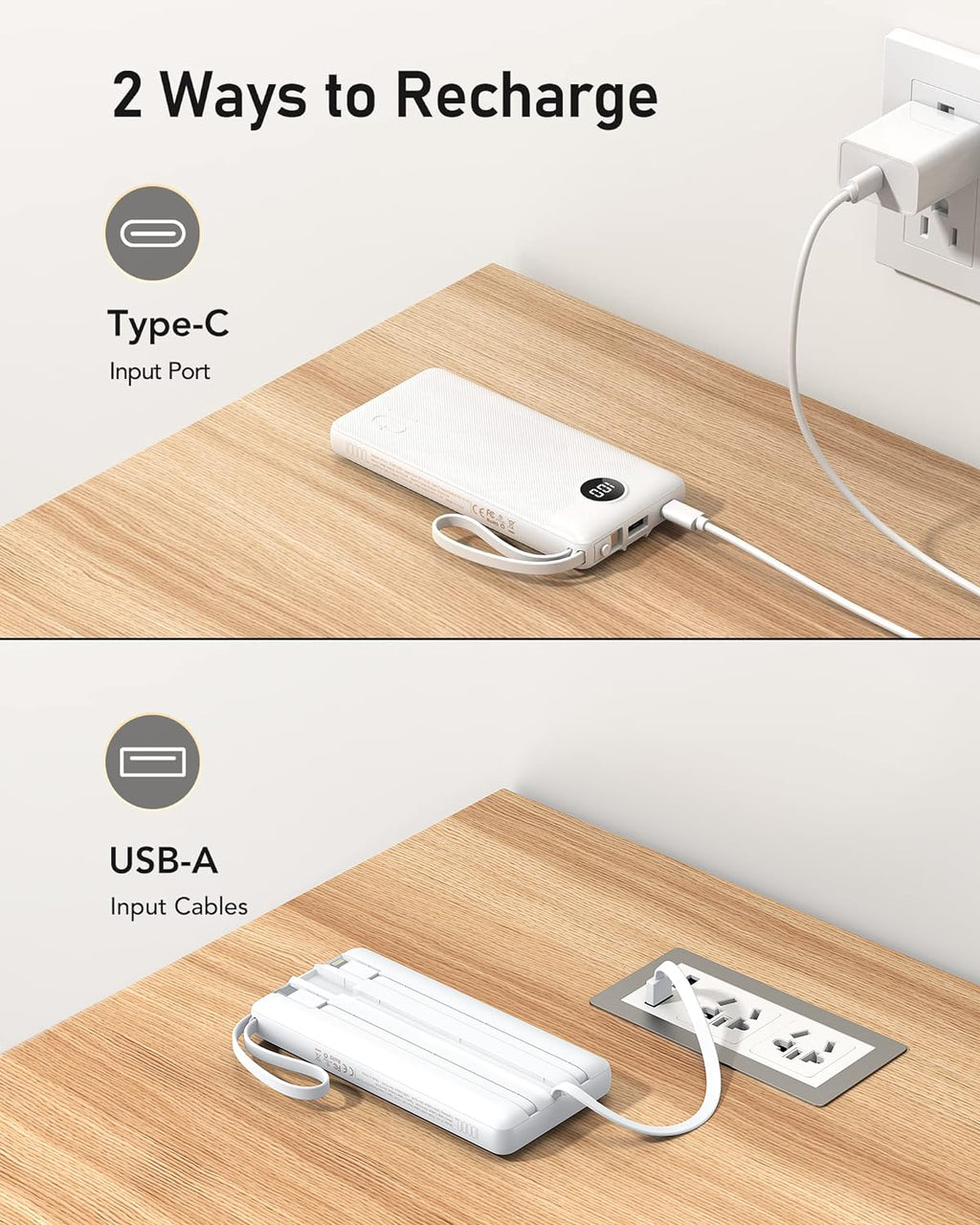 VEEKTOMX Portable Charger with 4 Built-in Cables — 10000mAh Slim Power Bank, USB-C Battery Pack with iPhone & Micro USB, TSA Approved Travel Charger for iPhone, Samsung, Android
