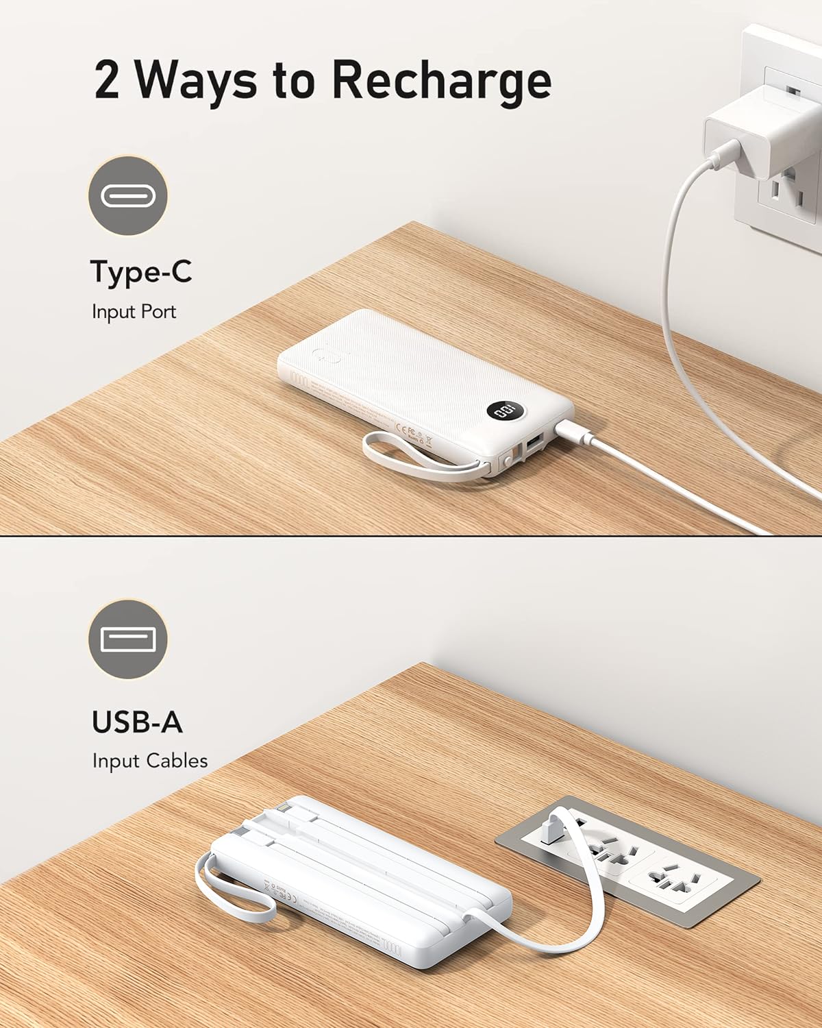 VEEKTOMX Portable Charger with 4 Built-in Cables — 10000mAh Slim Power Bank, USB-C Battery Pack with iPhone & Micro USB, TSA Approved Travel Charger for iPhone, Samsung, Android