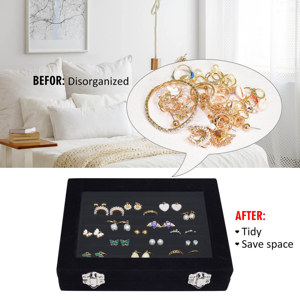 Vicoter Rings Organizer Tray 7 Slots Velvet Jewelry Earring Storage Box with Transparent lid Jewelry Display Case for Girls Wife Mom Women (Beige)