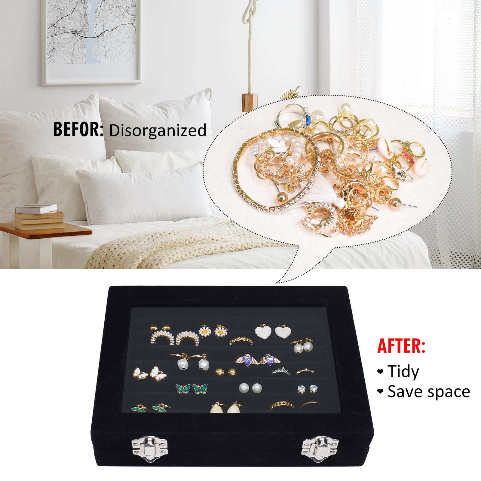 Vicoter Rings Organizer Tray 7 Slots Velvet Jewelry Earring Storage Box with Transparent lid Jewelry Display Case for Girls Wife Mom Women (Beige)