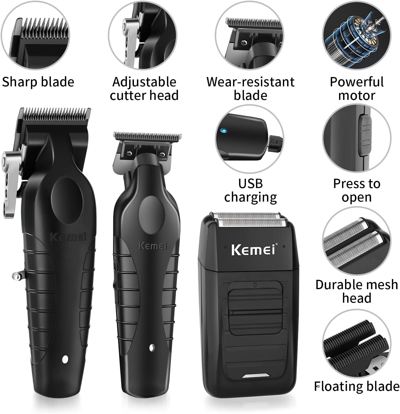 KEMEI Professional Hair Clipper, Hair Trimmer, Beard Shaver Set for Men, Electric Cordless Barber Clipper Beard Trimmer, Rechargeable Fade Clipper Haircutting Kit, KM-2299, KM-2296, KM-1102