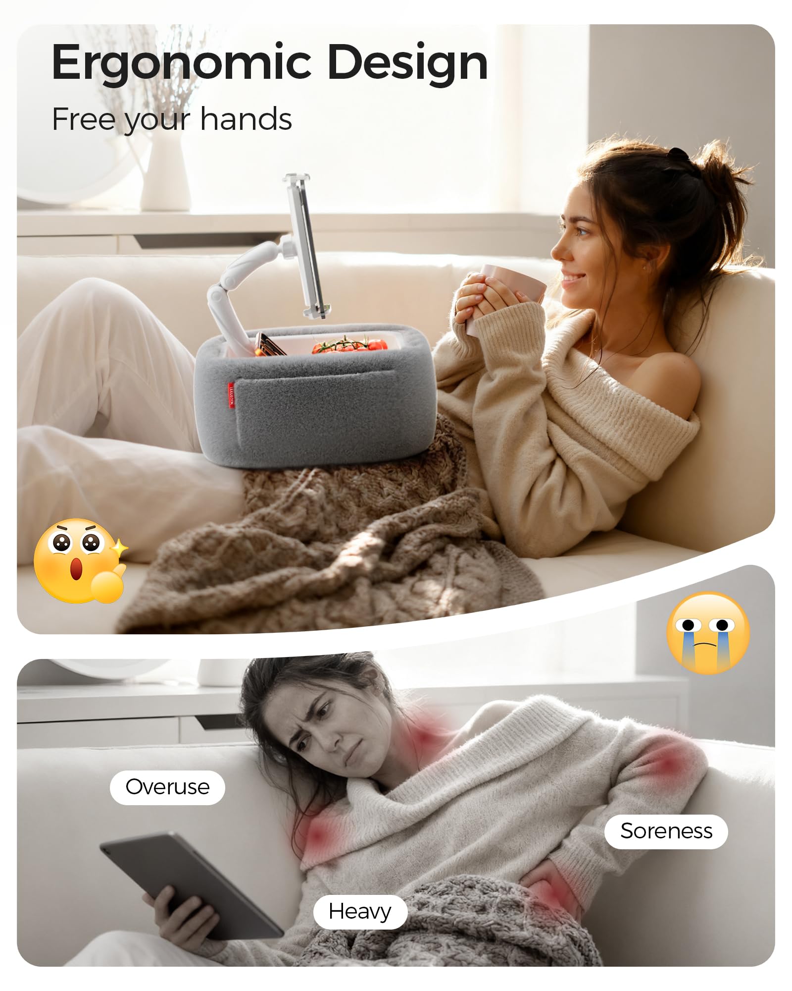 LULULOOK Tablet Pillow Stand, Compatible with iPad, iPhone and 4.7-14.6”Tablet, 360° Adjustable Kindle Pillow Stand for Bed with Ultra Fluffy Fabric & Snack Bowl (Cloudy White)