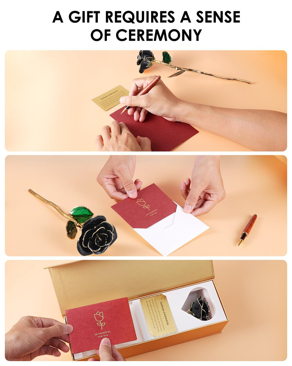 24K Gold Dipped Real Rose – Handcrafted, Bold, One of a Kind – Romantic Gift for Her – Ideal for Birthday, Anniversary, Mother’s Day, Valentine’s (Black)