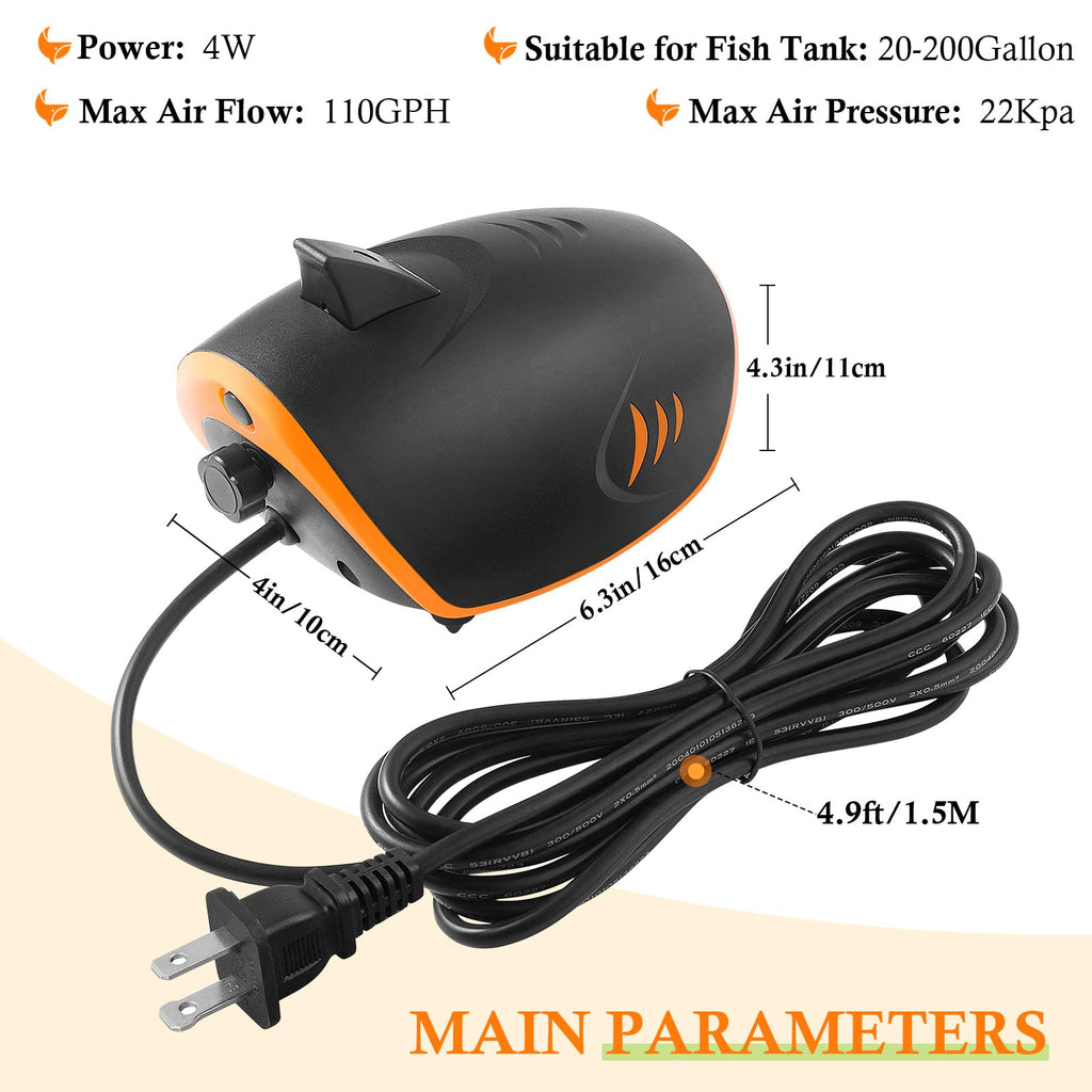 HITOP 4W 110GPH Powerful Aquarium Air Pump, Quiet 2-outlets Aquarium Aerator, Adjustable Fish Tank Air Pump with Accessories, for 20-200 Gallon Tank, with ON/Off Button