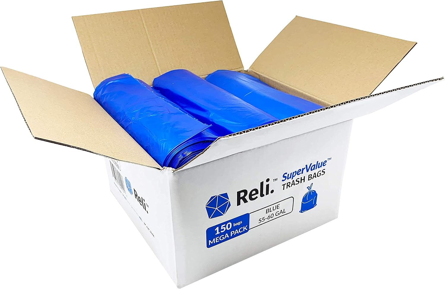 Reli. SuperValue 55-60 Gallon Recycling Bags | 150 Count | Blue Trash Bags | Made in the USA