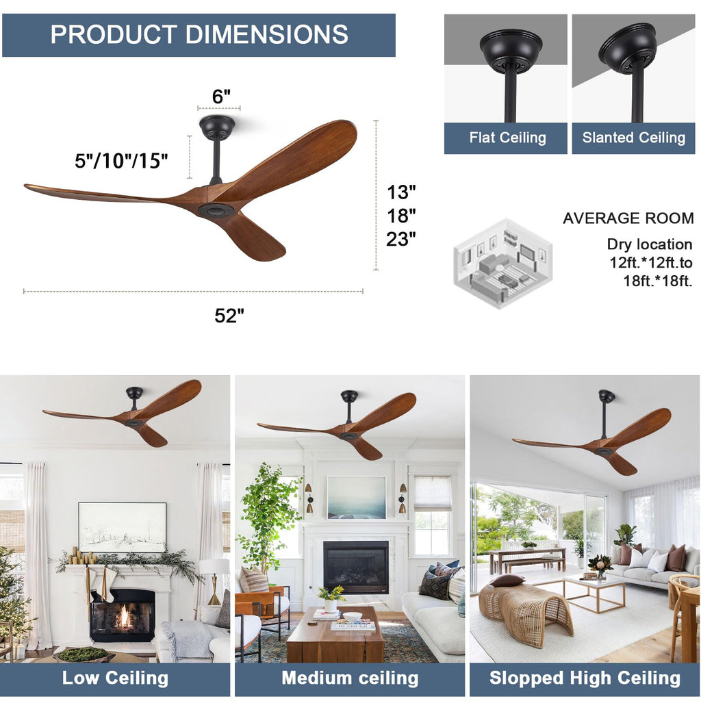 ABZ Ceiling Fans without Lights - 52 Inch Modern Ceiling Fans no Lights with Remote Control, Black 3 Blade Solid Wood Indoor Outdoor Ceiling Fans for Patios Living Room Bedroom