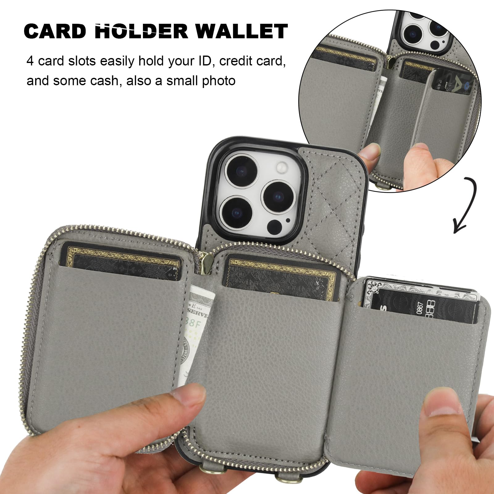 Bocasal Crossbody Wallet Case for iPhone 16 Pro, RFID Blocking PU Leather Zipper Handbag Purse Flip Cover, Kickstand Folio Case with Card Slots Holder Wrist Strap Lanyard 5G 6.3 Inch (Black)