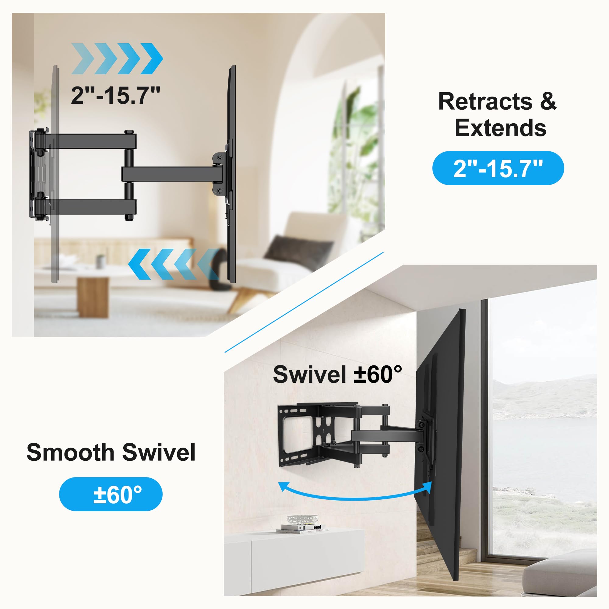 XINLEI Full Motion TV Wall Mount for Most 26"-70" Flat/Curved TV, Swivel Tilt Bracket with Articulating Dual Arms, Support 100lbs, Max VESA 400x400mm, Fits 12”/16" Wood Stud (MA570)