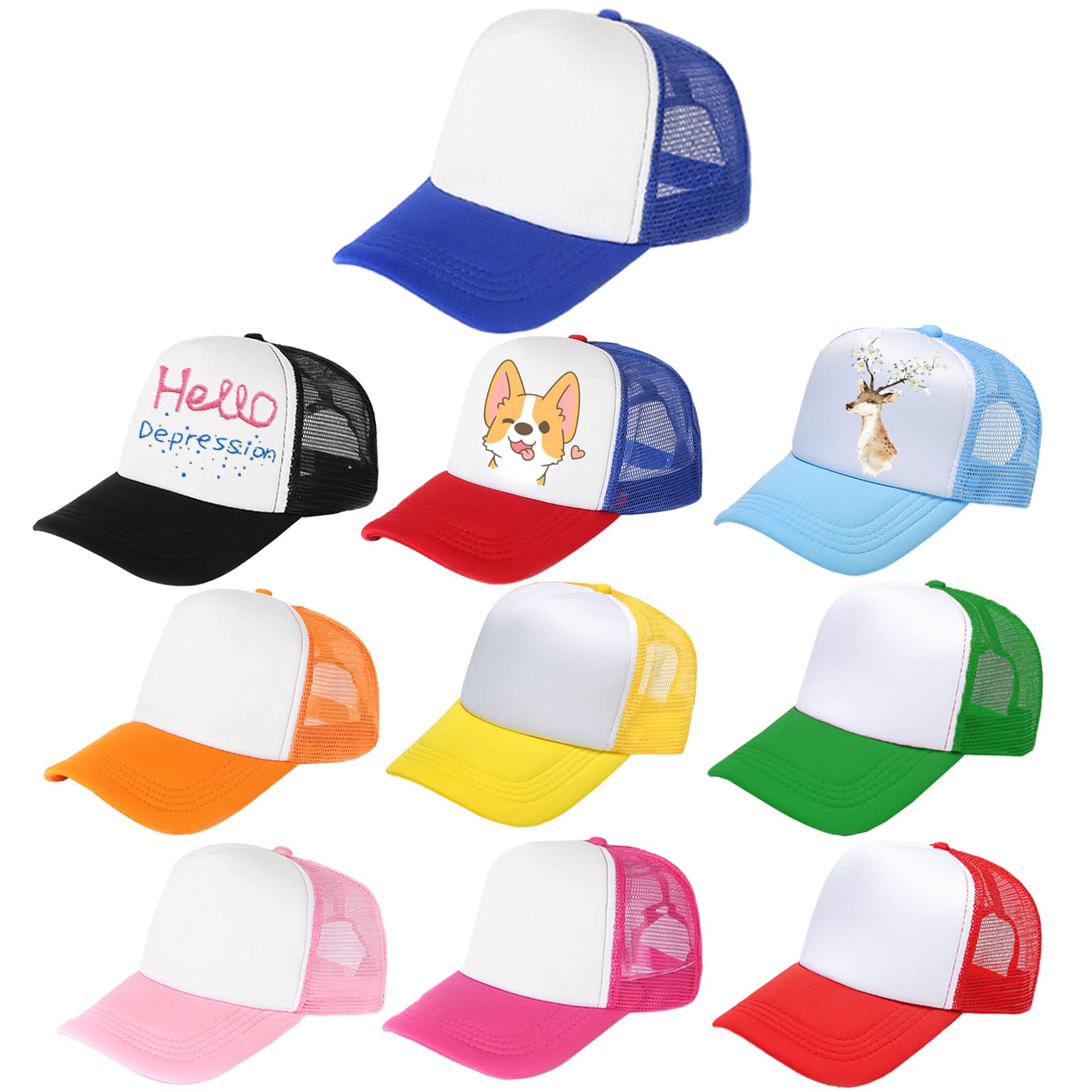 10 Pack Kids Trucker Hats Boys Girls Colorful Baseball Hats Adjustable Sublimation Blank Mesh Plain Baseball Caps