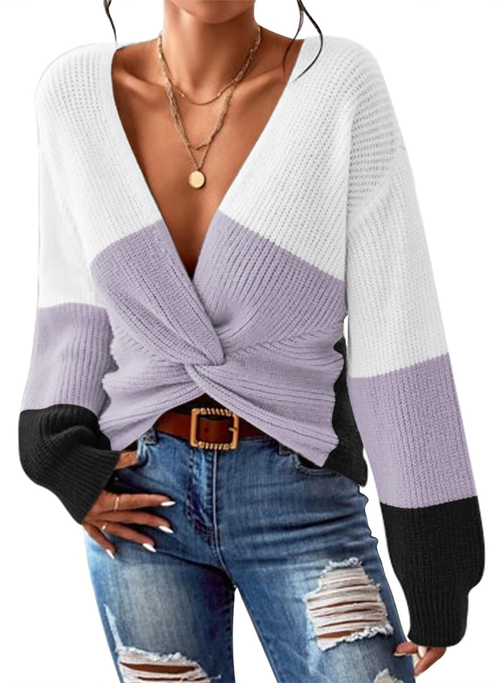 Pink Queen Women's 2026 Twist Knot Cropped Sweater V Neck Long Sleeve Knit Pullover Top Casual Fall Fashion Clothes