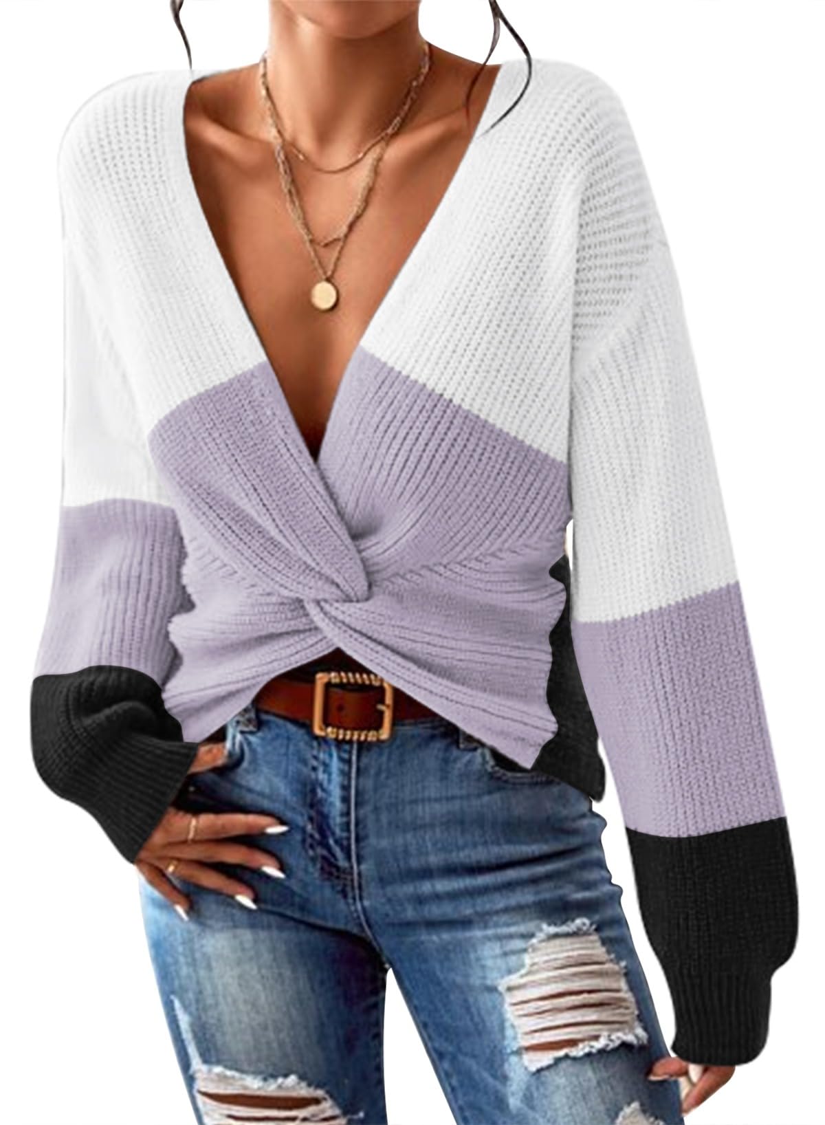 Pink Queen Women's 2026 Twist Knot Cropped Sweater V Neck Long Sleeve Knit Pullover Top Casual Fall Fashion Clothes
