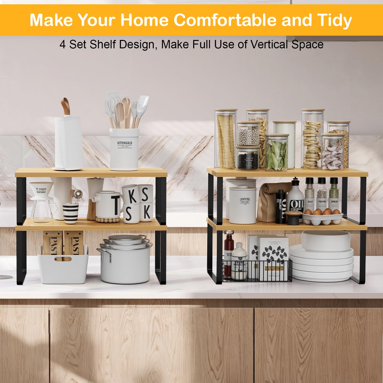 OGEMXU Cabinet Shelf Organizers, 15.7 inches Large Kitchen Counter Shelf, Set of 2 Wood Kitchen Pantry Organizer, Storage Shelves for Countertop, Spice Rack, Stackable, Expandable, Metal Black, Brown