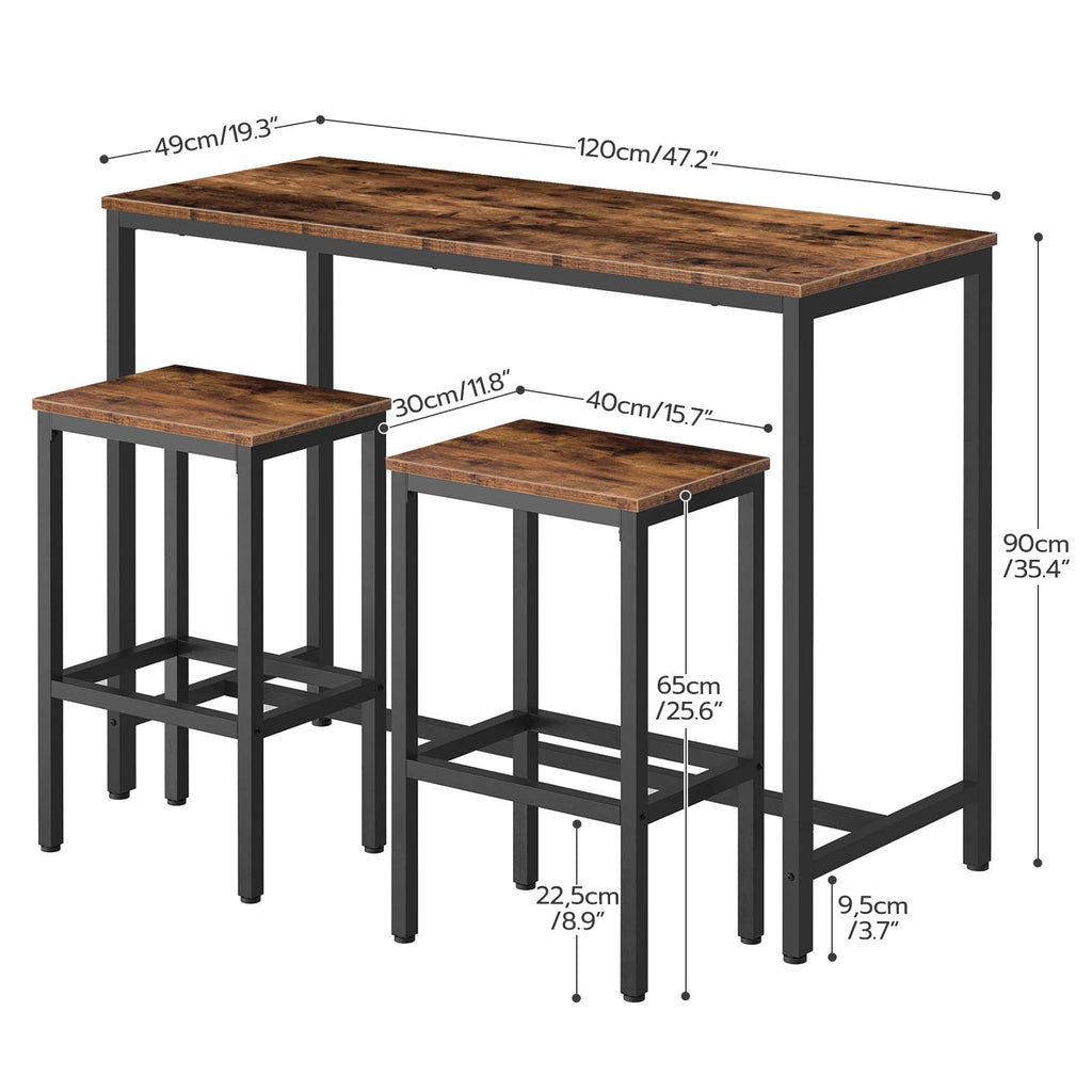 Rectangular Pub Bar Table & Stools Set, 3-Piece Breakfast Table, Grey, HOOBRO