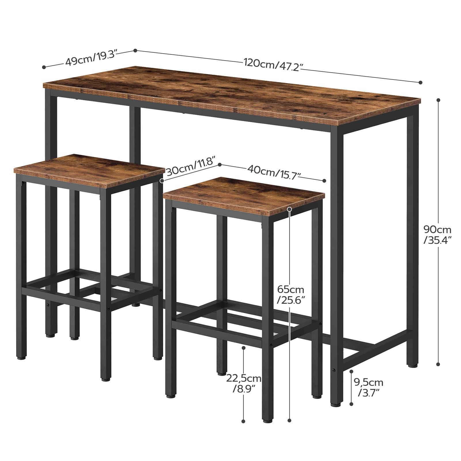 Rectangular Pub Bar Table & Stools Set, 3-Piece Breakfast Table, Grey, HOOBRO