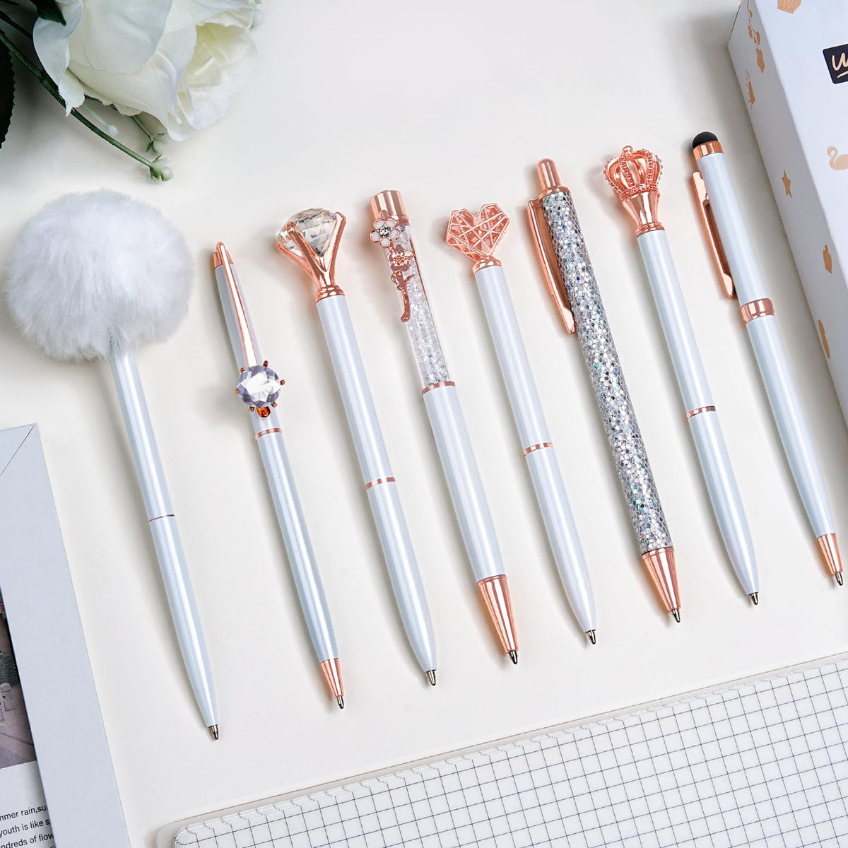 WEMATE 8Pcs Ballpoint Pens Set Metal Crystal Diamond Pen Glitter for Journaling Black Pen Bling in Black & Blue Ink Pretty Cute Pens Fancy Pens Gifts for Women Wedding School Office Desk(Black)