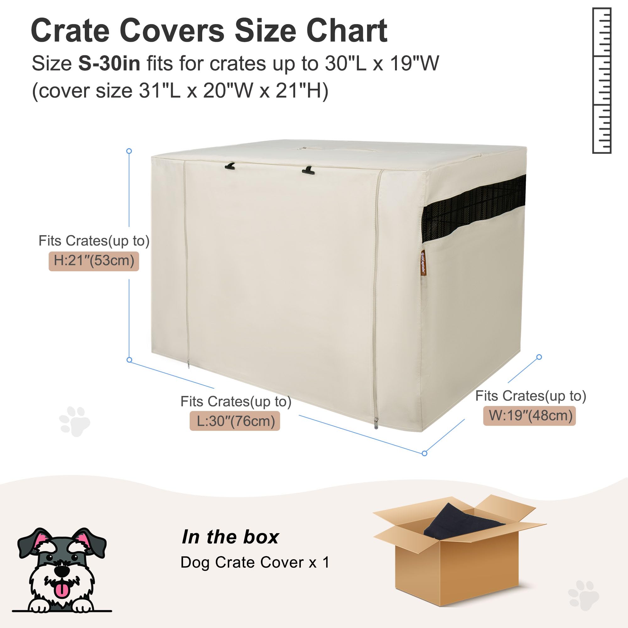 HiCaptain Dog Crate Cover 24.0" L x 18.0" W x 20.0" H with Breathable Mesh, Durable Heavy Duty Kennel Cover, Dual Zippered Panels, Windproof Waterproof UV-Resistant(Beige)