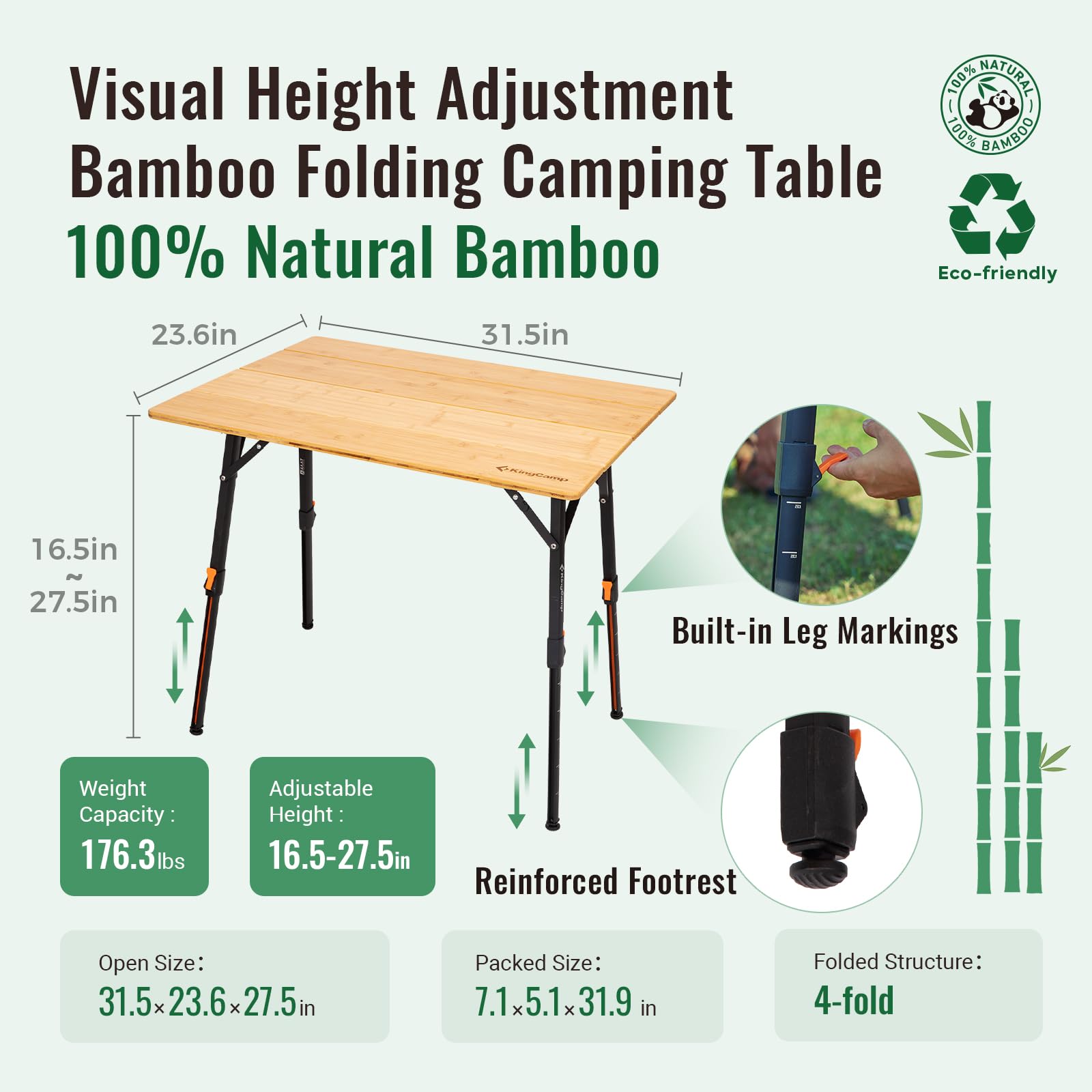 KingCamp Bamboo Folding Table, 4-Fold Camping Adjustable Height Portable Outdoor Lightweight & Compact Table with Aluminum Frame for RV Picnic BBQ Tailgating