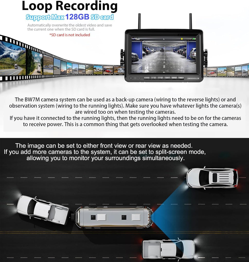 ZEROXCLUB 1080P 7" Wireless RV Backup Camera System, Compatible with Furrion Pre-Wired RV Truck Trailer, DVR Monitor & IR Night Vision Rear View Camera, IP69 Waterproof, Adjustable Parkinglines, BW7M