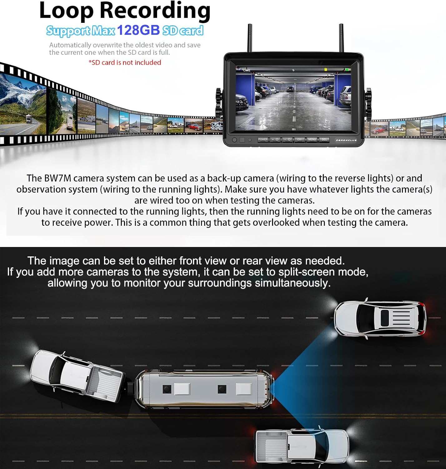 ZEROXCLUB 1080P 7" Wireless RV Backup Camera System, Compatible with Furrion Pre-Wired RV Truck Trailer, DVR Monitor & IR Night Vision Rear View Camera, IP69 Waterproof, Adjustable Parkinglines, BW7M