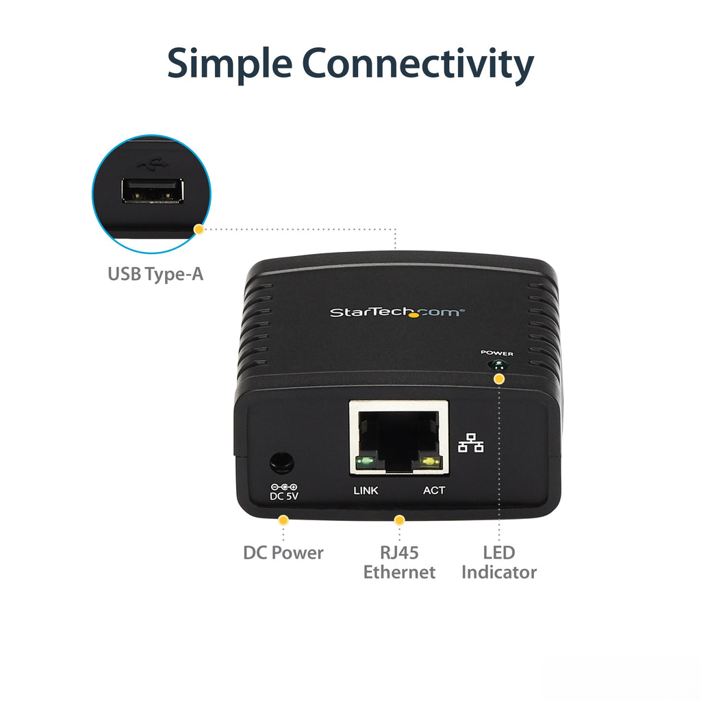 StarTech 1-Port USB 2.0 Network Print Server, 10/100 Mbps Auto-sensing, Wired Ethernet LAN USB Printer Server Adapter, TAA Compliant