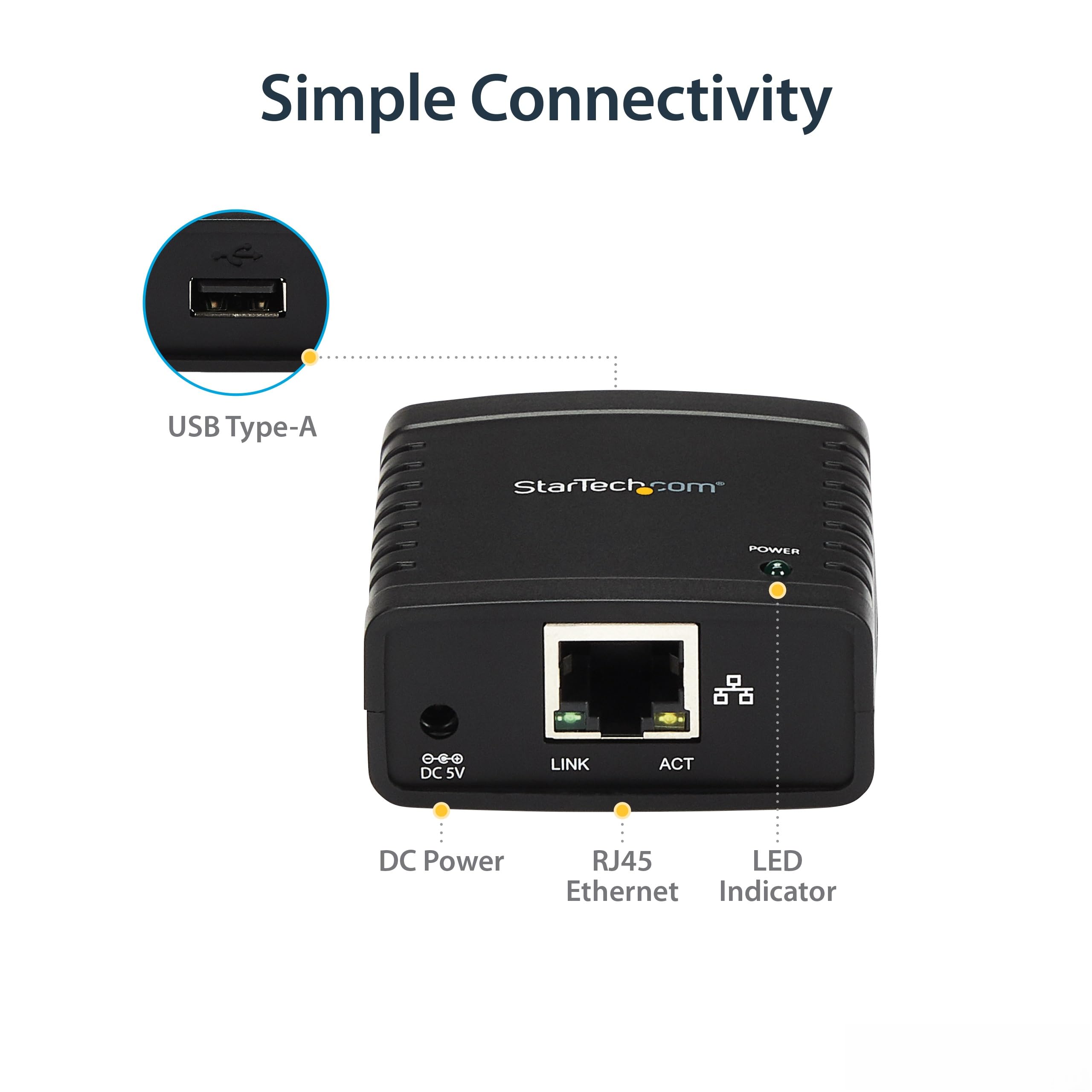 StarTech 1-Port USB 2.0 Network Print Server, 10/100 Mbps Auto-sensing, Wired Ethernet LAN USB Printer Server Adapter, TAA Compliant
