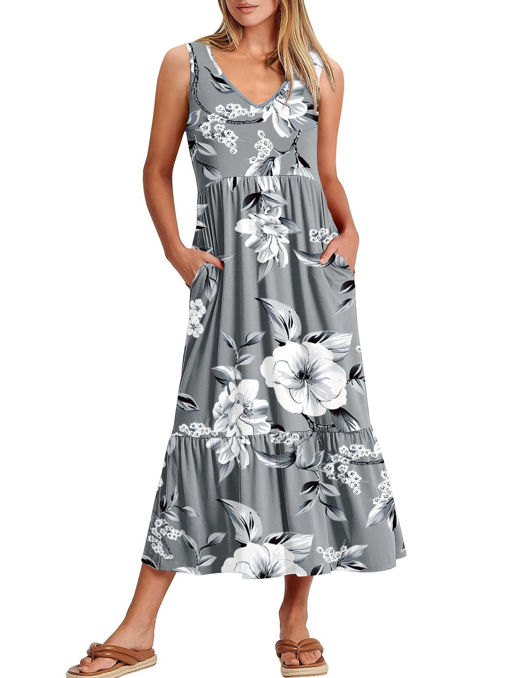 ANRABESS Women Summer Maxi Dresses A-line Tiered Flowy V Neck Sleeveless Swing 2026 Casual Beach Travel Sundress with Pockets
