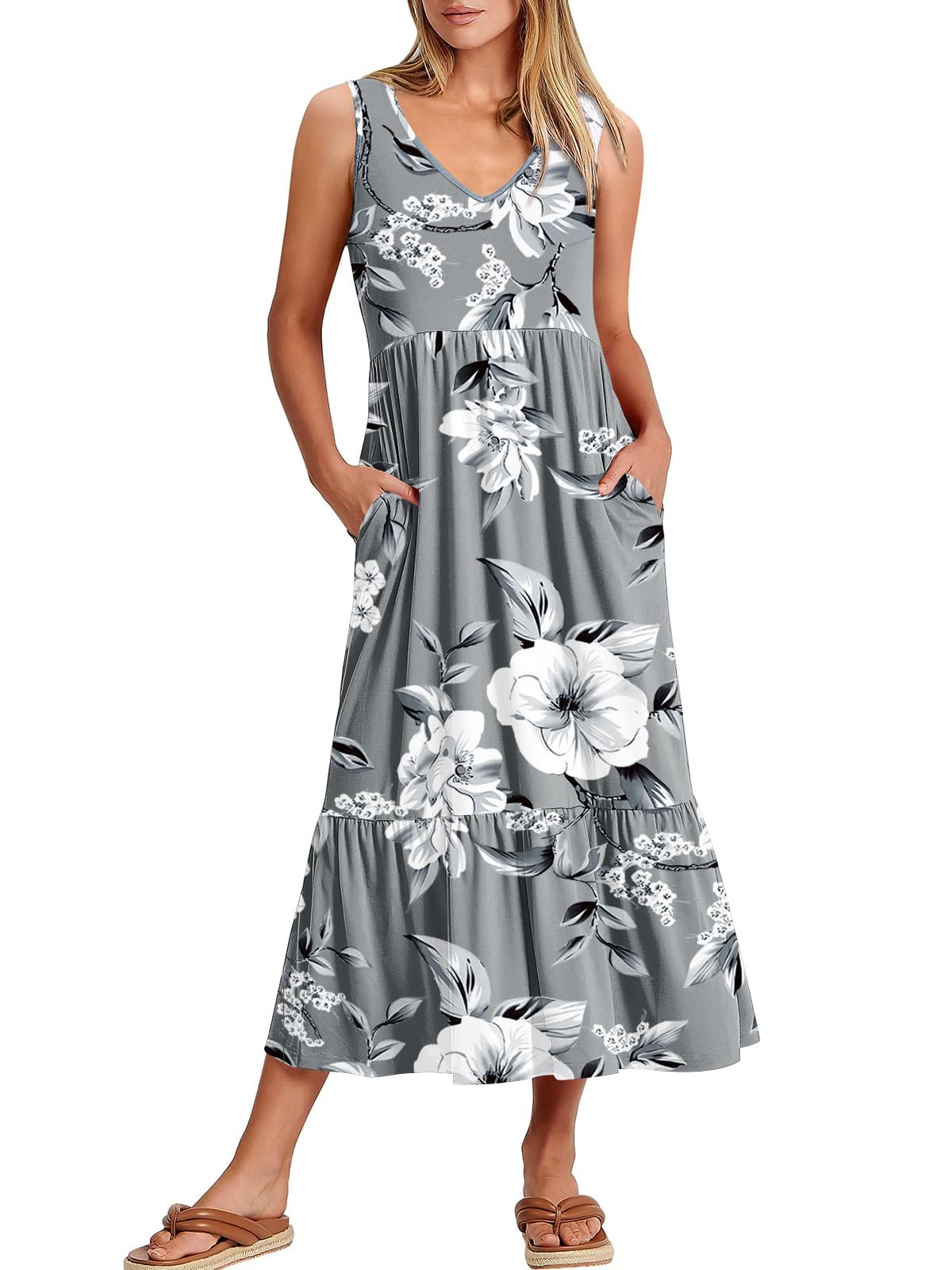 ANRABESS Women Summer Maxi Dresses A-line Tiered Flowy V Neck Sleeveless Swing 2026 Casual Beach Travel Sundress with Pockets
