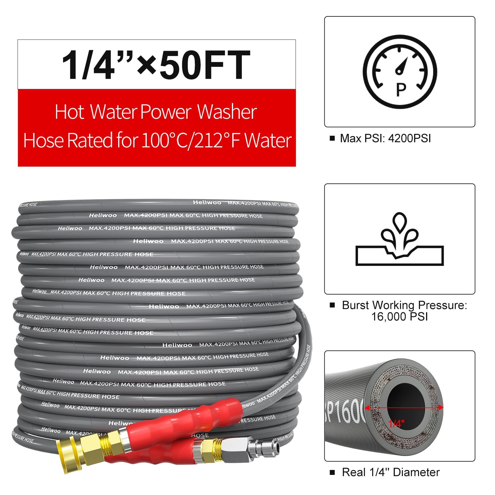 Pressure Washer Hose 25FT, 4200PSI High Tensile Wire Braid Kink Resistant Power Washer Extension Hose, 1/4'' Flexible Replacement Hose with M22-14mm Brass Swivel Thread and 3/8 Quick Connect
