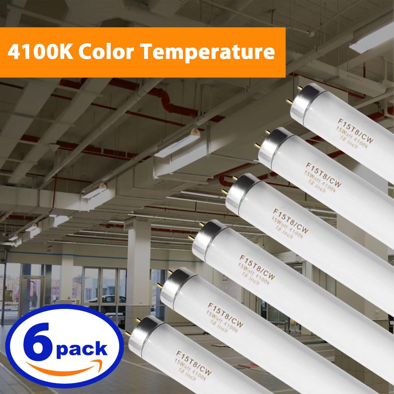 Konideke 18 Inch F15T8/CW T8 15W Fluorescent Light Bulb Cool White, F15T8/SP41 Replacement Bulb for Garage, Office, Kitchen Under-Cabine, G13 Base 6 Count