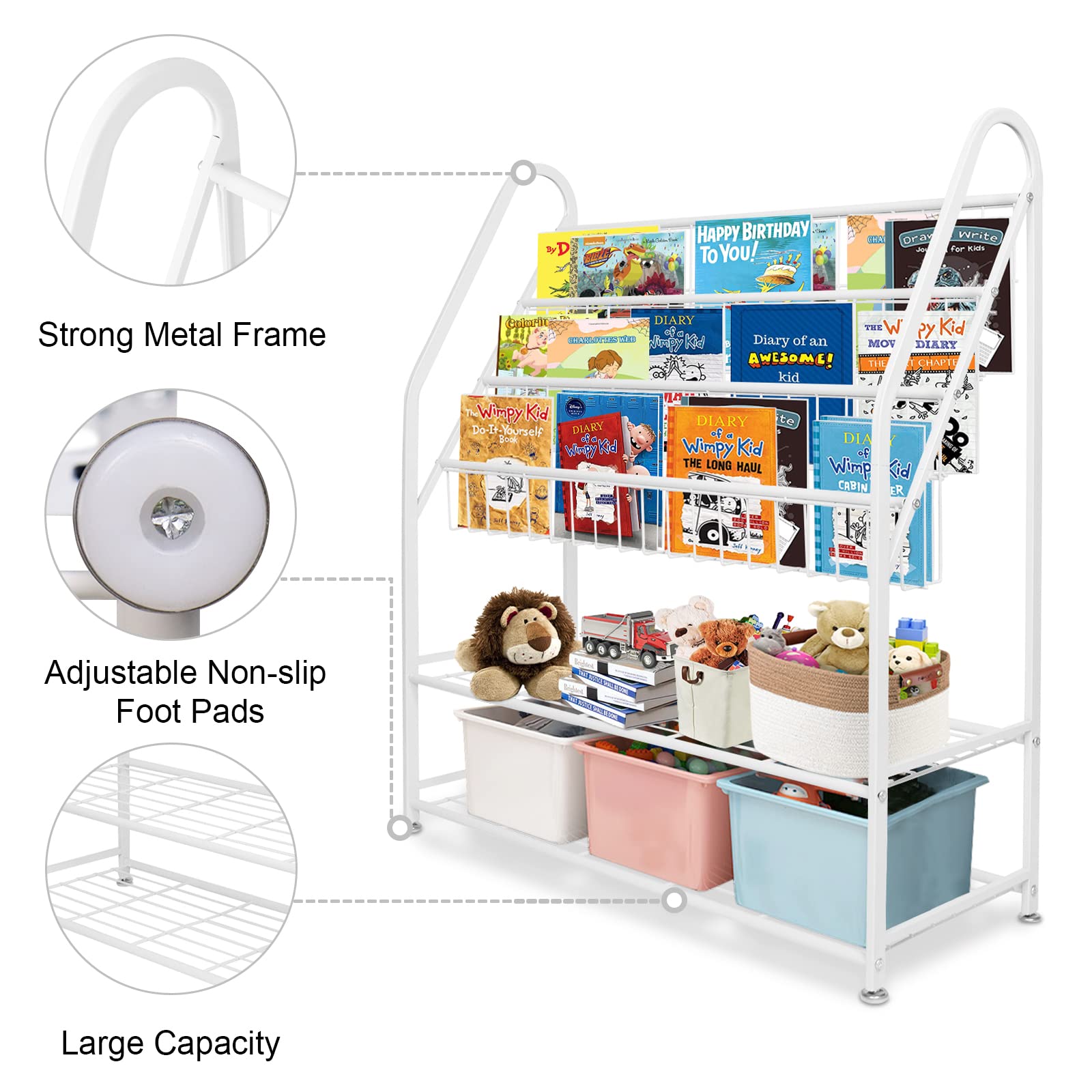 aboxoo Metal Kids Bookshelf Black Large Freestanding for Children Room 32 in Toy Organizer Large Stable Bookcase Bookstore Library Book Unit Storage Kids Bed Living Room