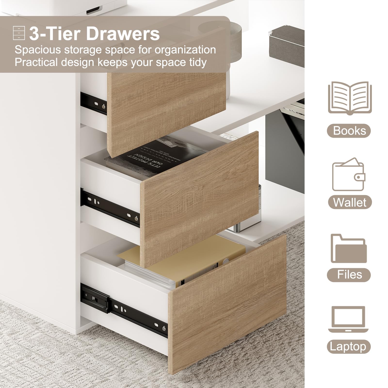 Bobve L Shaped Computer Desk, 47 Inch Home Office Desk with File Drawers & Storage Shelves, Small Corner Computer Desk for Small Space (Black + White)