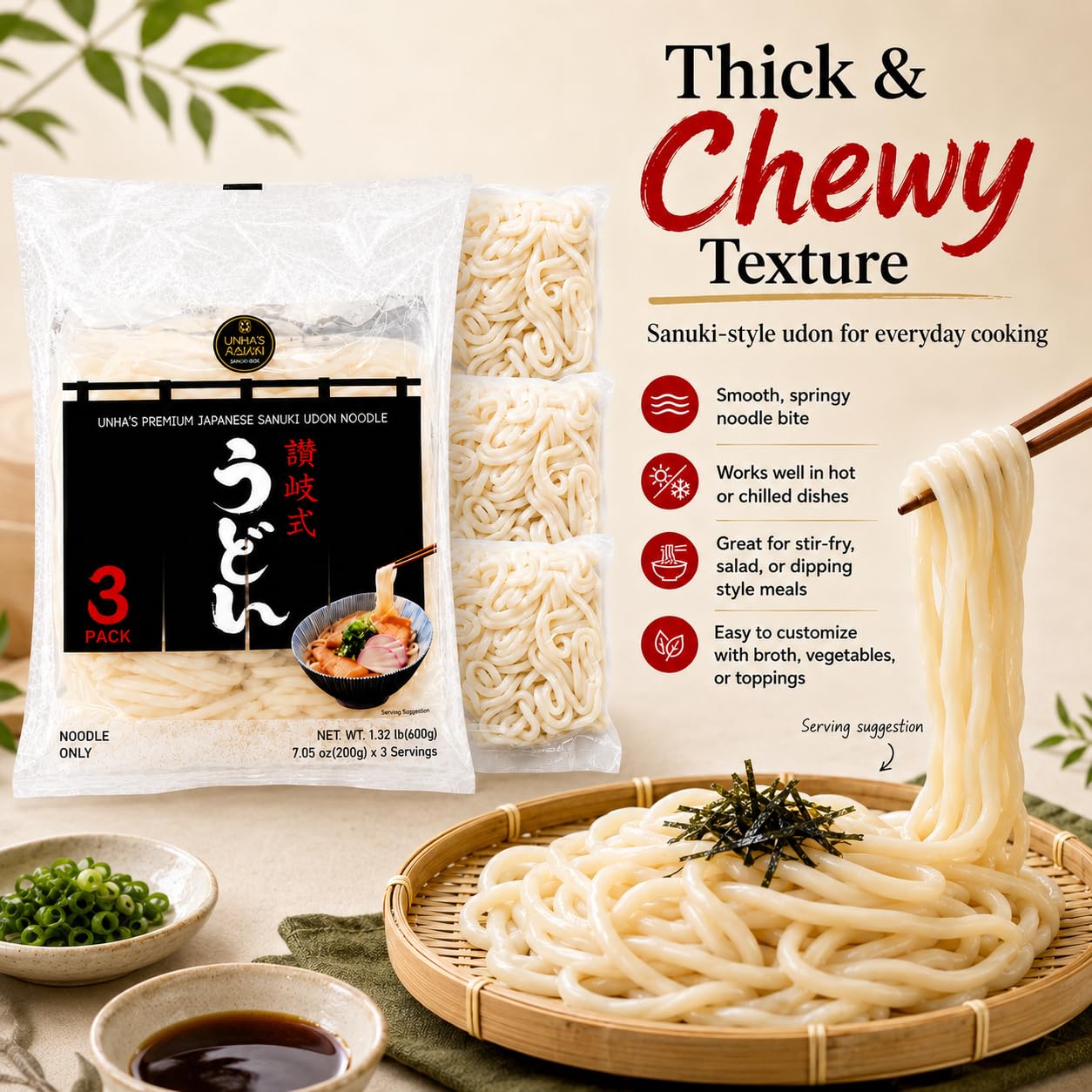 Unha's Japanese Sanuki Fresh Udon Noodles, Jumbo Chewy, 21.15 oz 1 Pack | jumbo chewy udon, no soup included, yaki udon stir fry, noodle soup, nabeyaki hot pot, quick meal