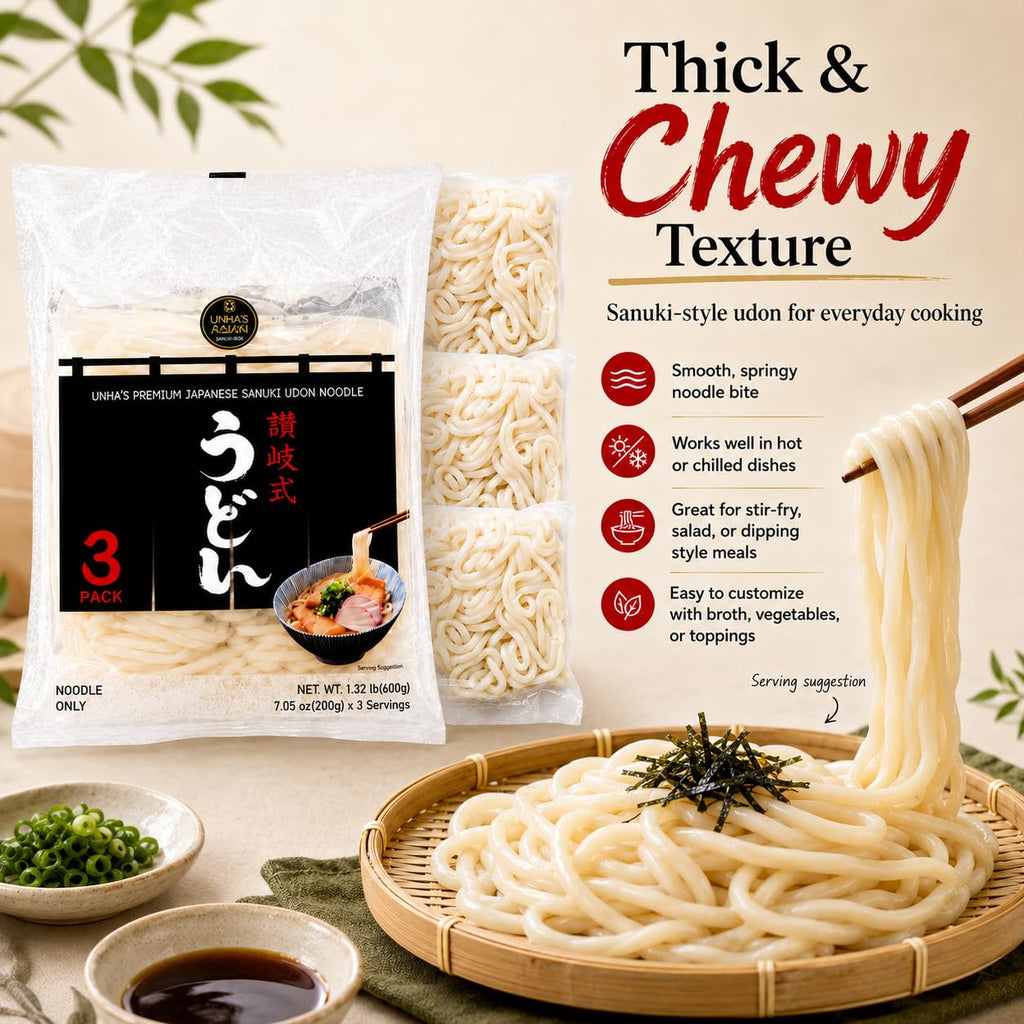 Unha's Japanese Sanuki Fresh Udon Noodles, Jumbo Chewy, 21.15 oz 1 Pack | jumbo chewy udon, no soup included, yaki udon stir fry, noodle soup, nabeyaki hot pot, quick meal