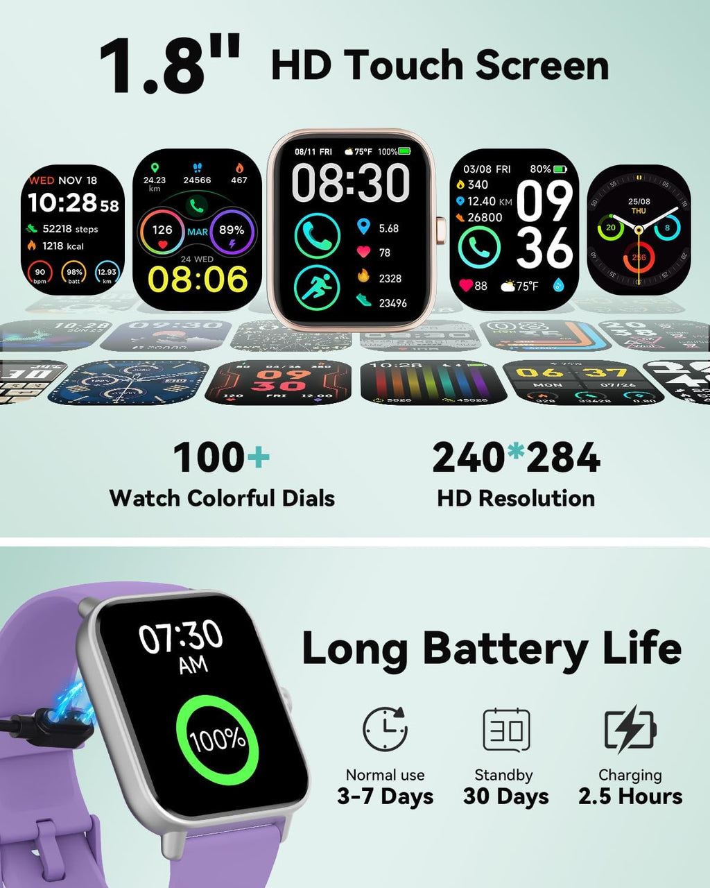 Quican Smart Watches for Women, Compatible for iPhone and Android Phones, Calling, Heart Rate/Sleep Monitor, Alexa, 1.8" Fitness Tracker Watch, Waterproof, Gifts for Women, Silicone Band, Baby Pink