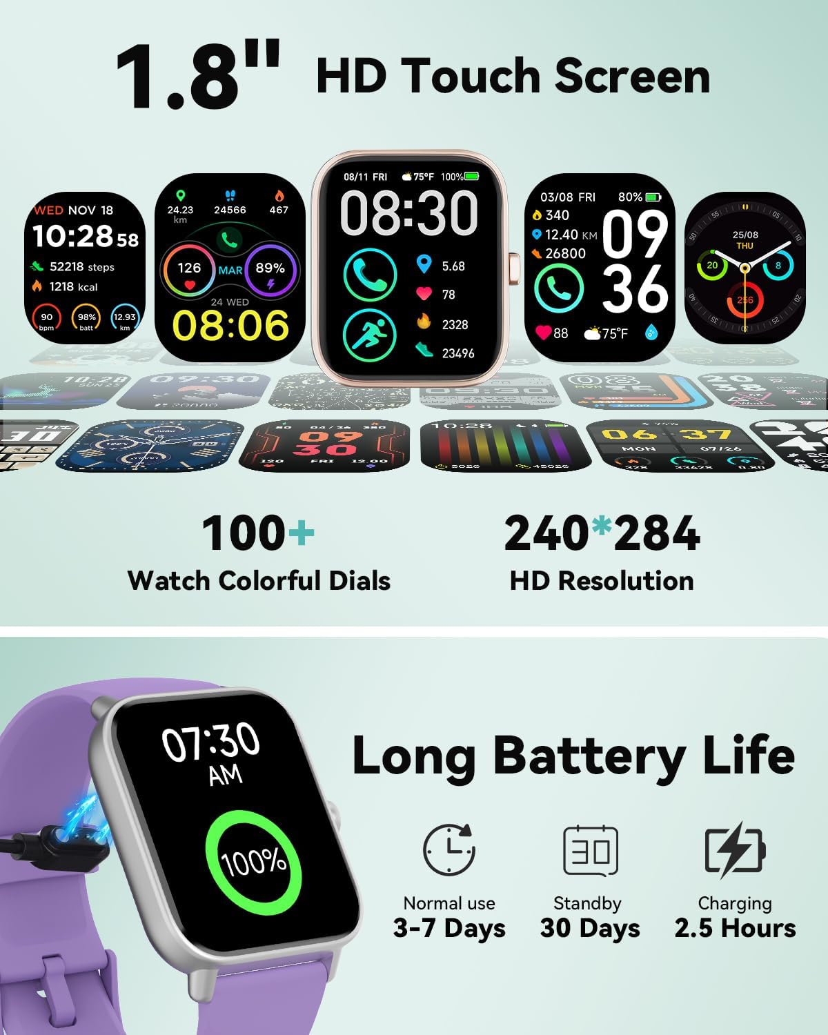 Quican Smart Watches for Women, Compatible for iPhone and Android Phones, Calling, Heart Rate/Sleep Monitor, Alexa, 1.8" Fitness Tracker Watch, Waterproof, Gifts for Women, Silicone Band, Baby Pink