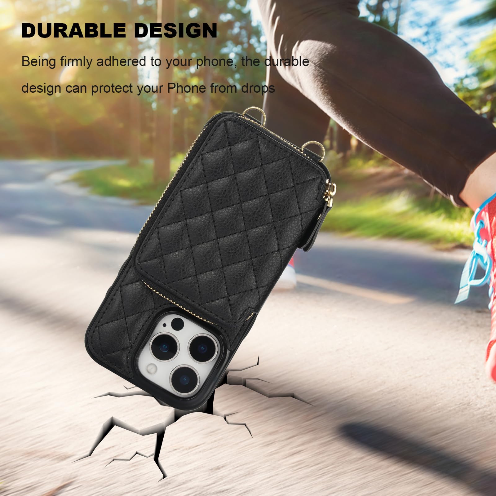 Bocasal Crossbody Wallet Case for iPhone 16 Pro, RFID Blocking PU Leather Zipper Handbag Purse Flip Cover, Kickstand Folio Case with Card Slots Holder Wrist Strap Lanyard 5G 6.3 Inch (Black)