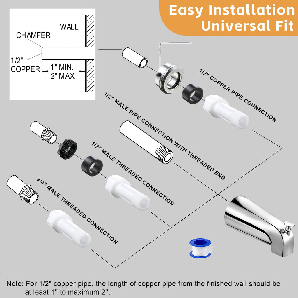 Dreyoo Tub Spout (Universal Fits 1/2" Copper Pipe, 1/2" IPS and 3/4" IPS), Bathroom Bathtub Faucet with Adapters and Hex Wrench(Brushed Nickel,Simple)