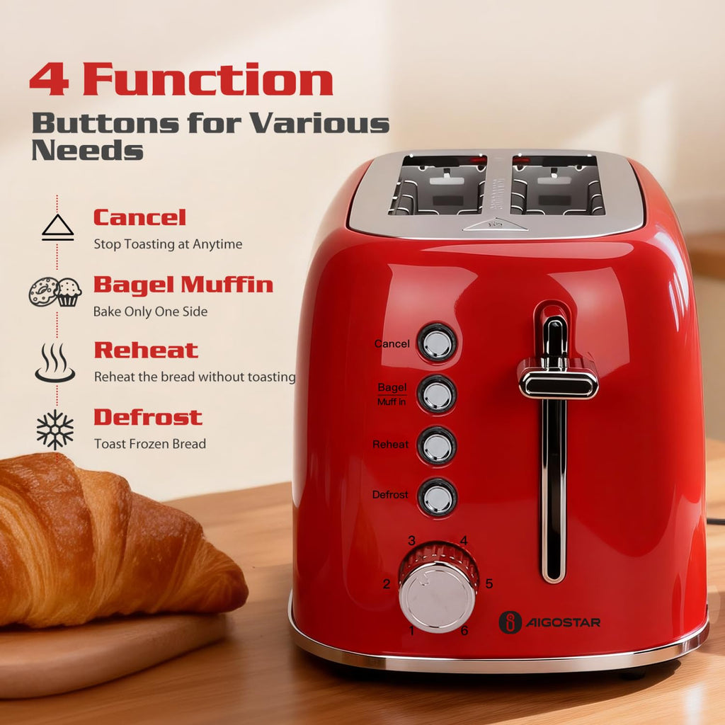 Aigostar Toaster 2 Slice Retro Toaster Stainless Steel, 1.6 inch Extra Wide Slots Bread Toaster Bagel, Cancel, Defrost Function, 6 Shade Settings & Removable Crumb Tray for Bread Waffle, Aqua Green