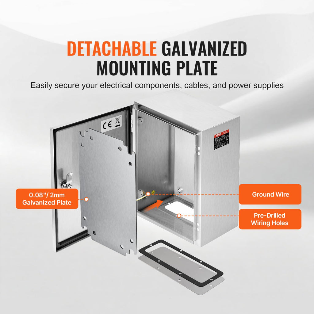 Steel Electrical Box 12" x 12" x 8" Electrical Enclosure Box 304 Stainless Steel Electronic Equipment Enclosure Box IP65 Weatherproof Wall-Mounted Metal Electrical Enclosure with Mounting Plate