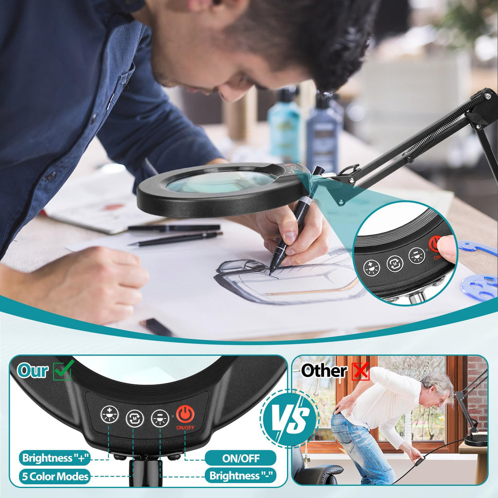 12X Magnifying Glass with Light and Stand, Real Glass, 5 Color Modes, Brightness Stepless Dimmable Lighted Magnifier Hands Free, 2-in-1 Desk Lamp & Clamp Light, Magnifier Lamp for Close Work, Reading