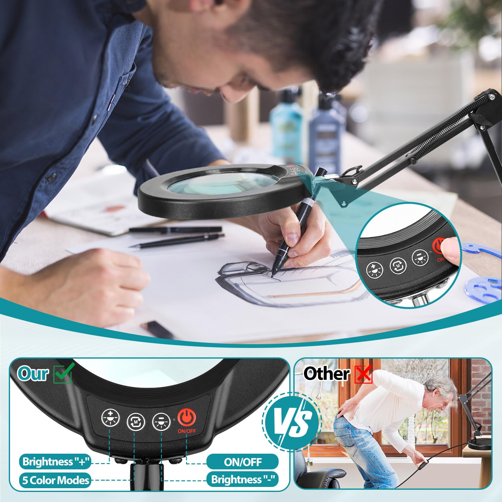 12X Magnifying Glass with Light and Stand, Real Glass, 5 Color Modes, Brightness Stepless Dimmable Lighted Magnifier Hands Free, 2-in-1 Desk Lamp & Clamp Light, Magnifier Lamp for Close Work, Reading