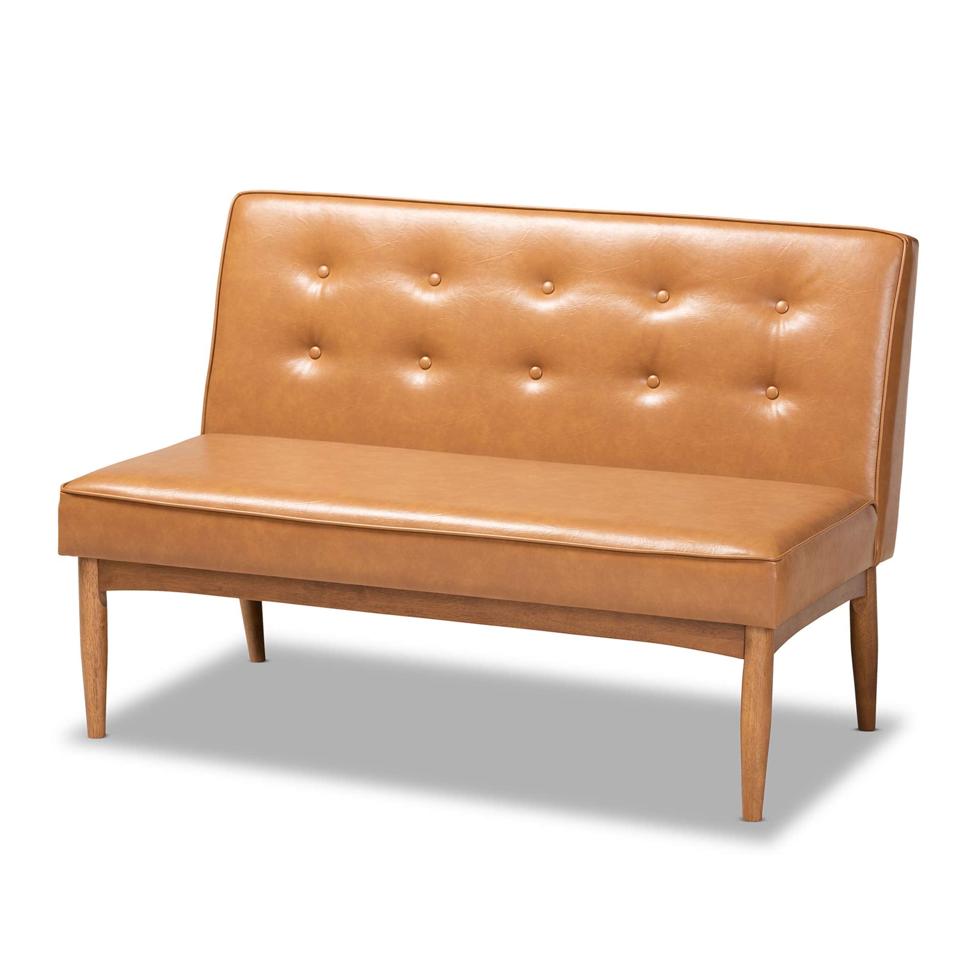 Baxton Studio Arvid Mid-Century Modern Dark Brown Faux Leather Upholstered 2-Piece Wood Dining Corner Sofa Bench