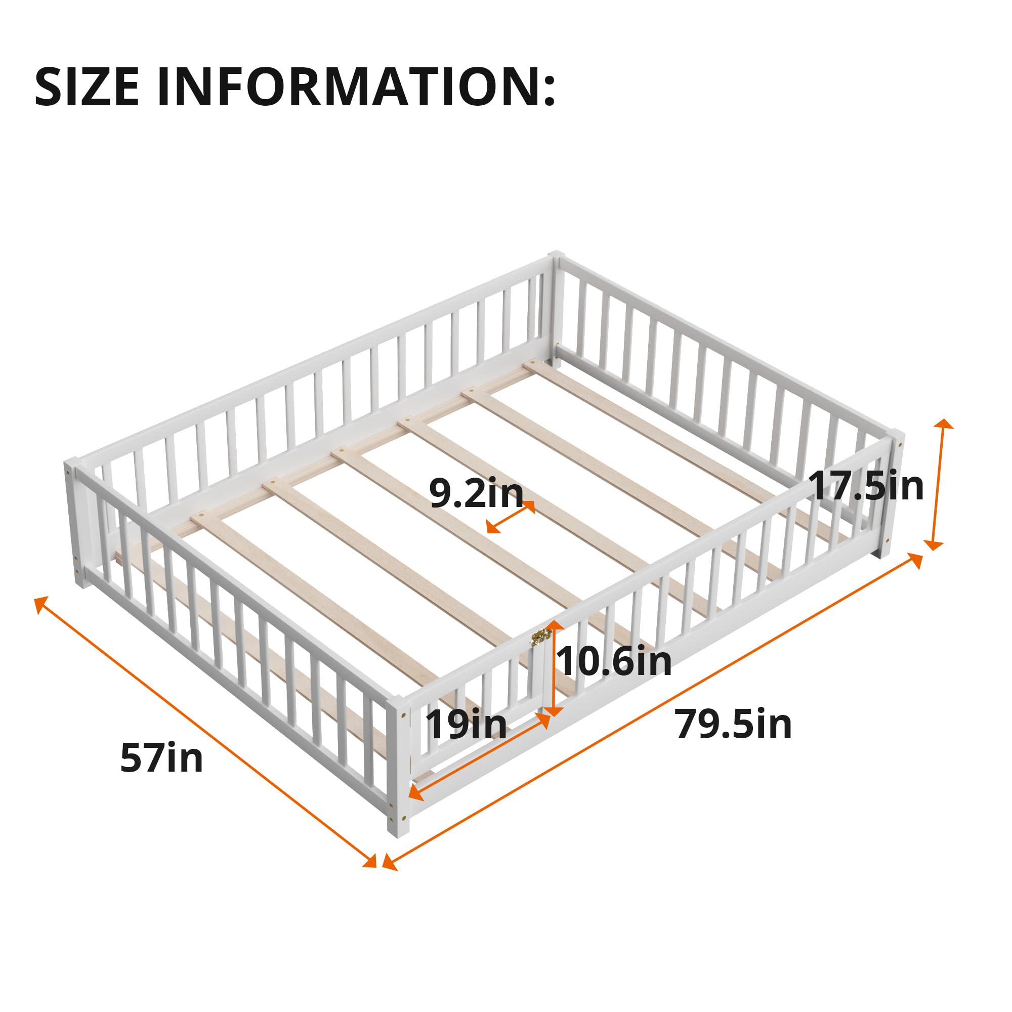 i-POOK Queen Floor Bed for Children, Sturdy Wood Montessori Bed Frame with Wood Slats, High Fence & Small Door for Girls and Boys, Espresso (with Bed Slats)