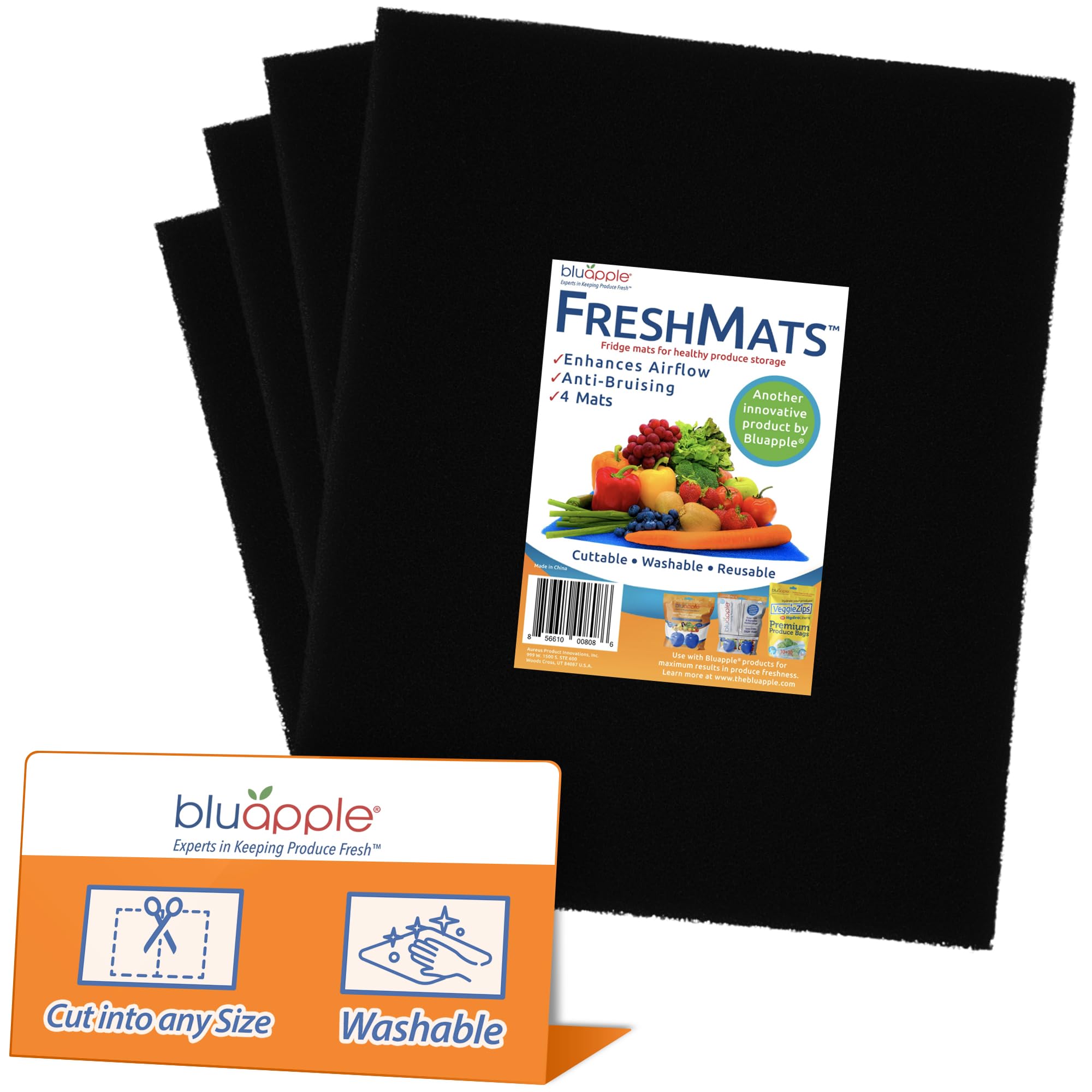 Bluapple FreshMats, Refrigerator Bin Liner, Fridge Drawer Mats, Crisper Life Extender Liner Keeps Produce Fresh Longer, Anti-Bruising, for Air Circulation, Washable & Reusable (4-Mats, 12x15, Black)
