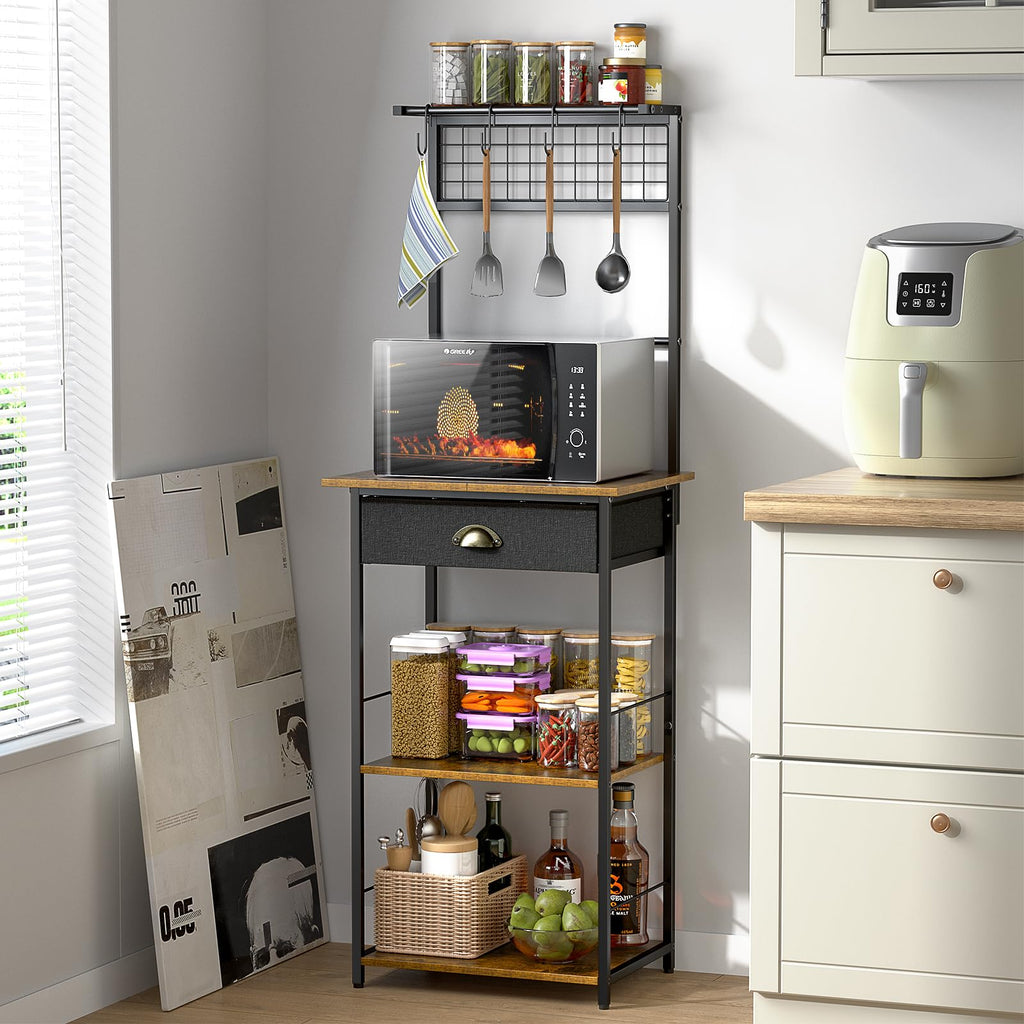 5 Tier Coffee Bar Station, Kitchen Stand with 4 S-Shaped Hooks, Farmhouse Corner Coffee Bar Cabinet for Small Spaces, Bakers Rack for Kitchen, Entryway, Living Room, 13.43"D x 18.93"W x 53.31"H