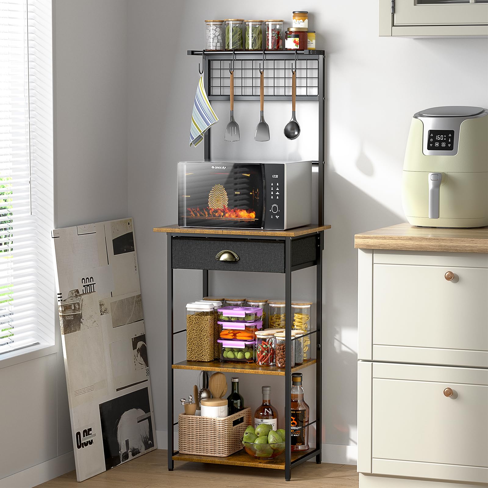 5 Tier Coffee Bar Station, Kitchen Stand with 4 S-Shaped Hooks, Farmhouse Corner Coffee Bar Cabinet for Small Spaces, Bakers Rack for Kitchen, Entryway, Living Room, 13.43"D x 18.93"W x 53.31"H
