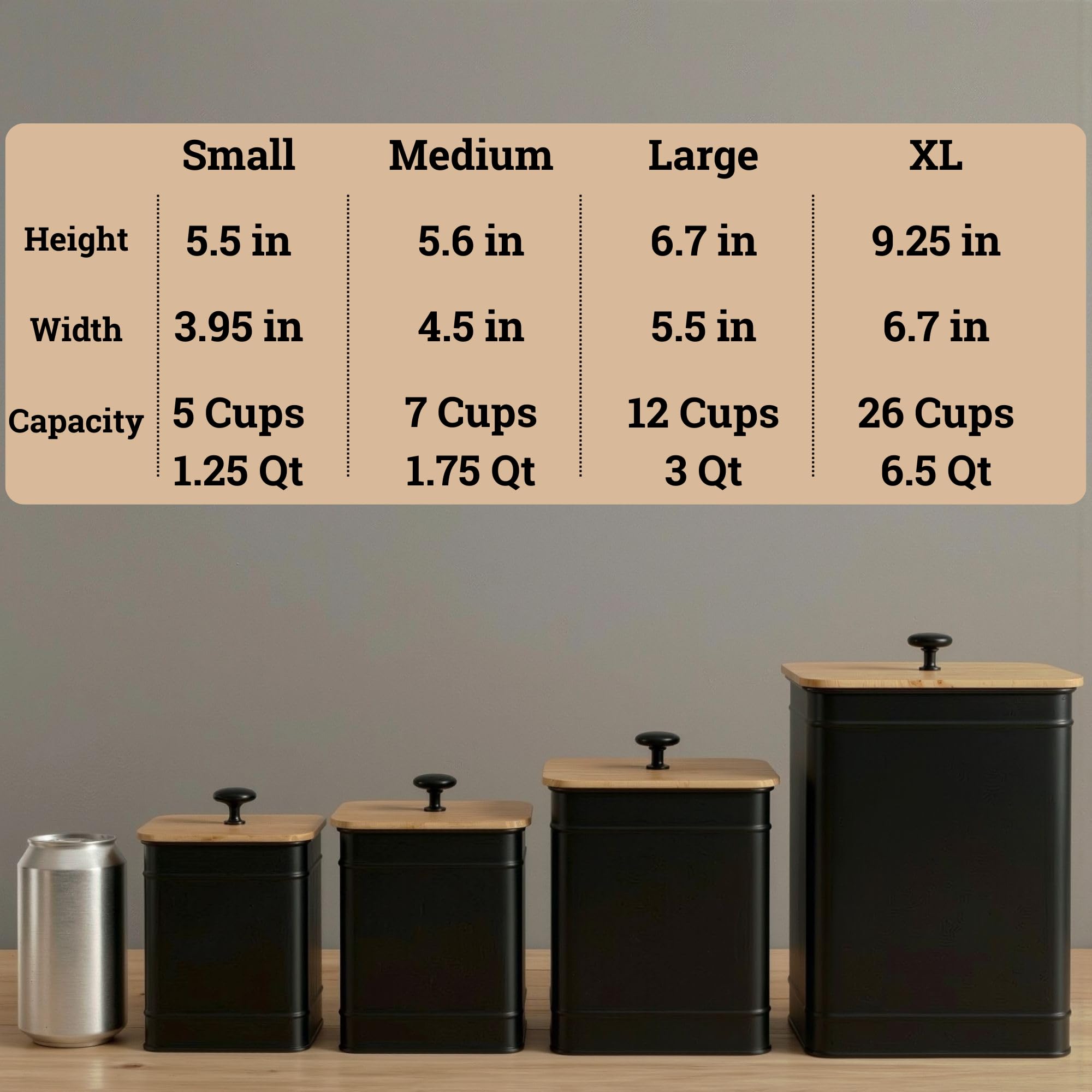 Kitchen Canisters for Countertop Set of 4 w/ Chalkboard Labels & Marker Pen | Airtight Easy Open Bamboo Lids, Dent-Resistant Thick Metal, Customizable Chalkboard Labels, Marker Pen Included, Set of 4