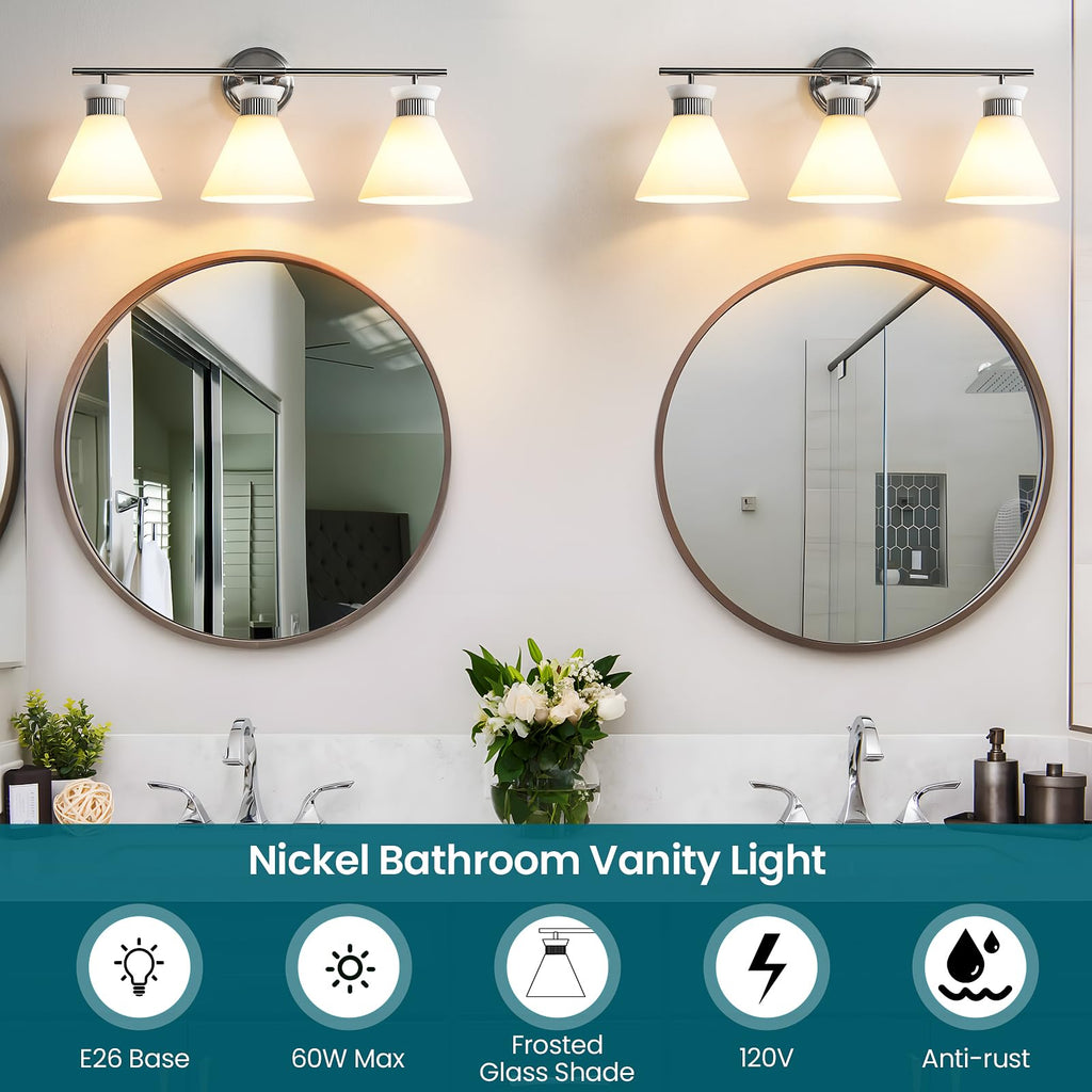 WOSHITU Gold Bathroom Light Fixtures: Modern Vanity Lighting Fixtures 2 Lights for Bathroom Mid Century Vanity Light Sconces Over Mirror with Frosted Milky Glass for Bath Bedroom Makeup
