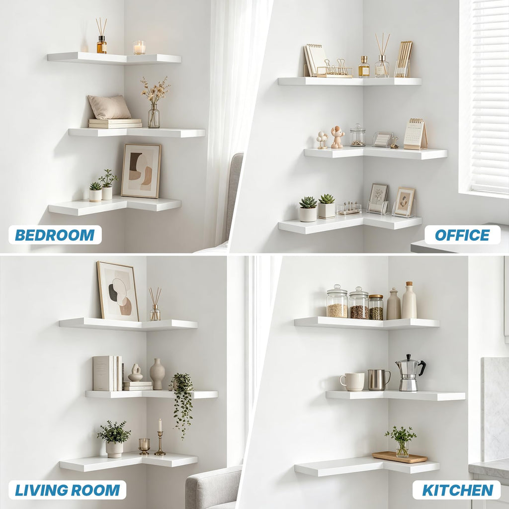 NATURE'S SOURCE Corner Floating Shelves with Invisible Brackets, Corner Shelves Wall Mounted Set of 3, Bedroom Bathroom Kitchen Living Room Office- Gothic Style 16.6" x 6" (Black)